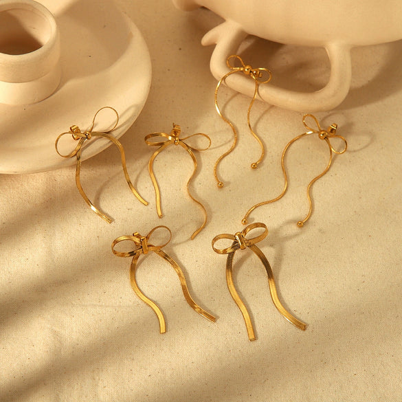 Women's Bow Tassel Titanium Steel Earrings With Electroplating