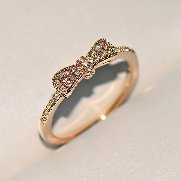 Women's Brass And White Steel Bow Ring With Full Cubic Zirconia Micro Inlay Romantic Cute Party Jewelry