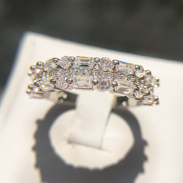 Women's Brass And White Steel Ring With Blue Pointed Zircon And Full Pavé Diamond Style Design