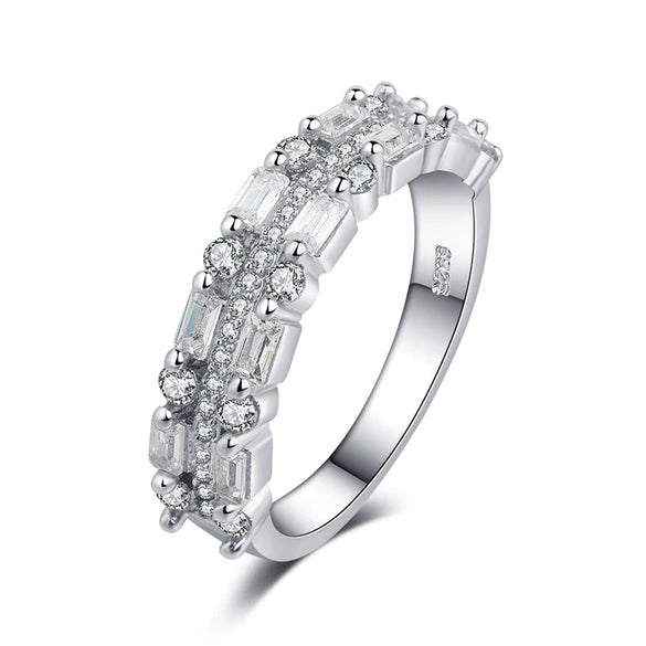 Women's Brass And White Steel Ring With Blue Pointed Zircon And Full Pavé Diamond Style Design