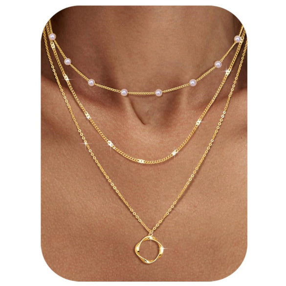 Women's Brass Asymmetrical Circle Paper Clip Necklace Set Geometric Multi Layer Layered Chain Necklaces With Electroplated Finish