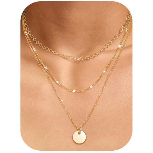 Women's Brass Asymmetrical Circle Paper Clip Necklace Set Geometric Multi Layer Layered Chain Necklaces With Electroplated Finish