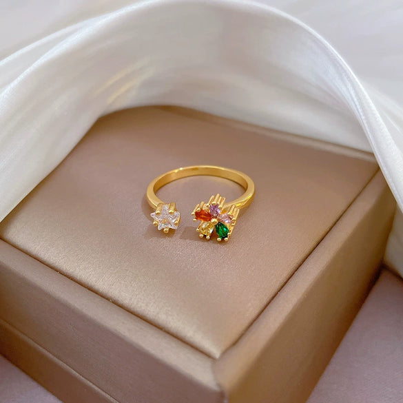 Women's Brass Flower Opening Ring With Diamondencrusted Crown Design And Zircon Inlay