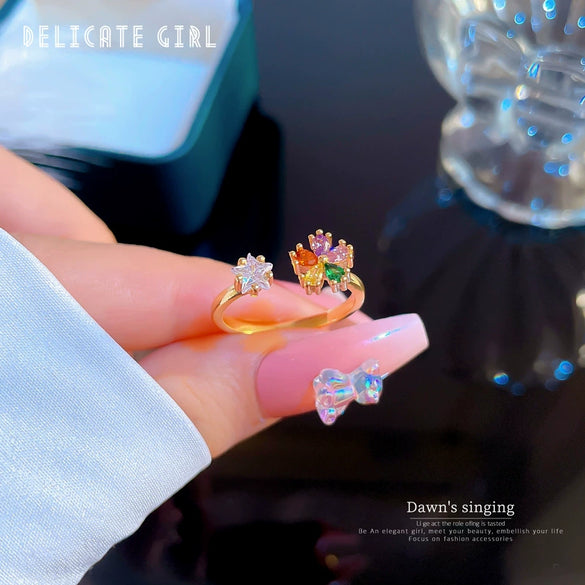 Women's Brass Flower Opening Ring With Diamondencrusted Crown Design And Zircon Inlay