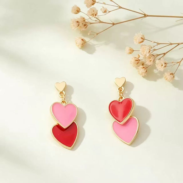Women's Brass Heart Shaped Earrings With Electroplated Gold Finish And Green Color Blocking Simple Trendy Niche Style Pendant Earrings
