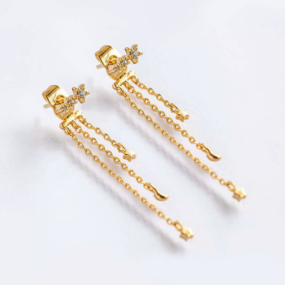 Women's Brass 18K S925 Silver Star Long Tassel Moon Zircon Earrings Feminine Artistic Ear Jewelry