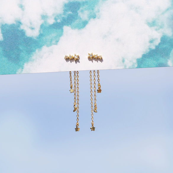 Women's Brass 18K S925 Silver Star Long Tassel Moon Zircon Earrings Feminine Artistic Ear Jewelry