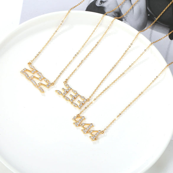 Women's Brass Rhinestone Necklace With Letters Numbers Text Design
