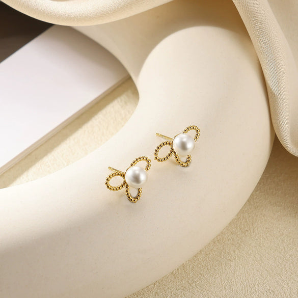 Women's Brushed Stainless Steel Imitation Pearl Earrings With Heart Shape Bow And Leaf Pattern Electroplated