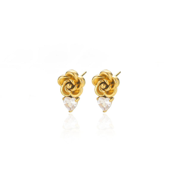 Women's Brushed Stainless Steel Imitation Pearl Earrings With Heart Shape Bow And Leaf Pattern Electroplated