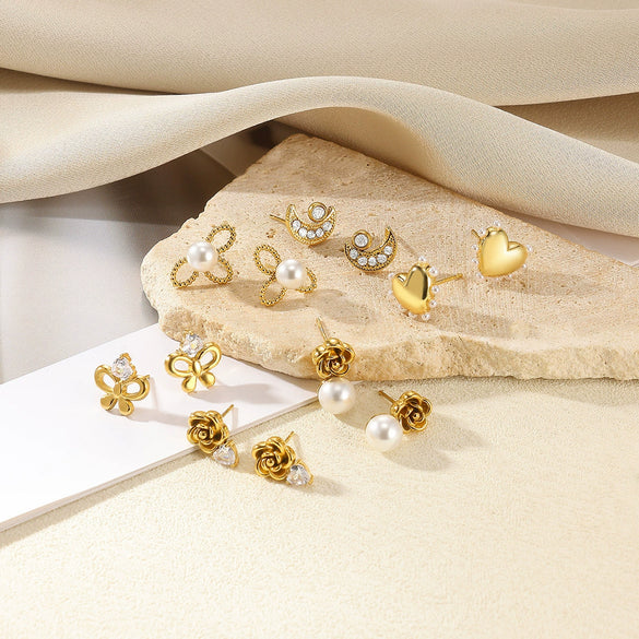 Women's Brushed Stainless Steel Imitation Pearl Earrings With Heart Shape Bow And Leaf Pattern Electroplated