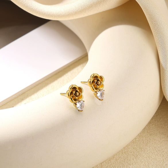 Women's Brushed Stainless Steel Imitation Pearl Earrings With Heart Shape Bow And Leaf Pattern Electroplated