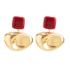 Women's Burgundy Geometric Oval Earrings Goldplated Alloy With Polished Concave Surface And Stainless Steel Posts