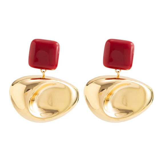 Women's Burgundy Geometric Oval Earrings Goldplated Alloy With Polished Concave Surface And Stainless Steel Posts