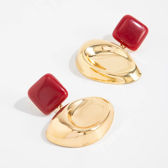 Women's Burgundy Geometric Oval Earrings Goldplated Alloy With Polished Concave Surface And Stainless Steel Posts