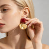 Women's Burgundy Geometric Oval Earrings Goldplated Alloy With Polished Concave Surface And Stainless Steel Posts