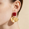 Women's Burgundy Geometric Oval Earrings Goldplated Alloy With Polished Concave Surface And Stainless Steel Posts