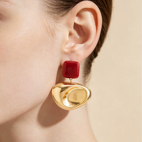 Women's Burgundy Geometric Oval Earrings Goldplated Alloy With Polished Concave Surface And Stainless Steel Posts