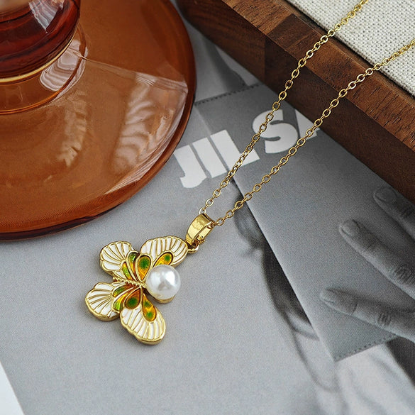 Women's Butterfly Pearl Necklace Titanium Steel Copper O Word Chain Insect Shape Retro Style Enamel Drop Glaze Electroplating