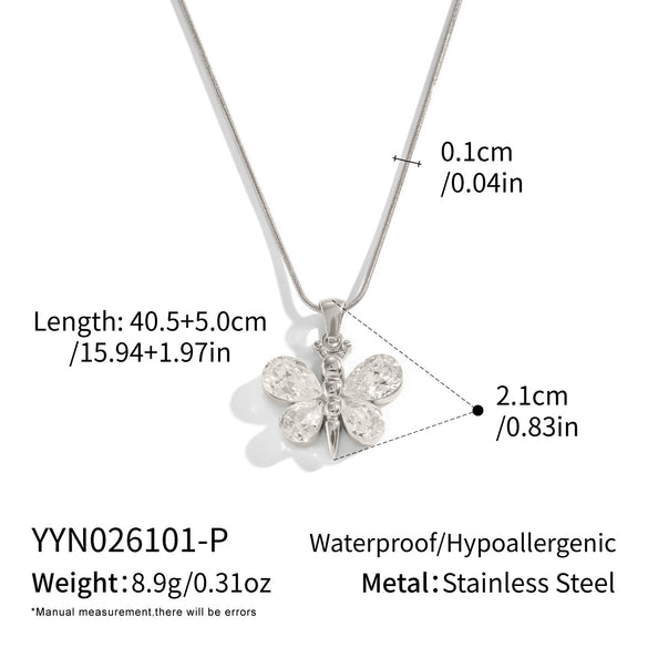 Women's Butterfly Pendant Necklace With Zircon Stainless Steel Chain Pvd Gold Plating And Lobster Clasp