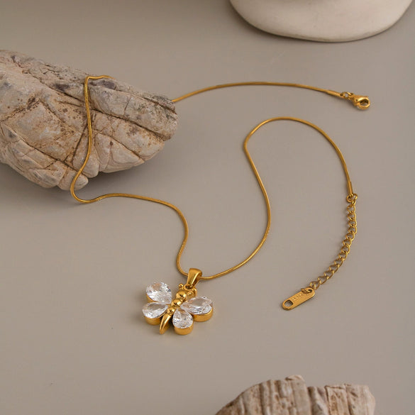 Women's Butterfly Pendant Necklace With Zircon Stainless Steel Chain Pvd Gold Plating And Lobster Clasp