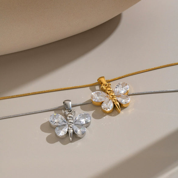 Women's Butterfly Pendant Necklace With Zircon Stainless Steel Chain Pvd Gold Plating And Lobster Clasp