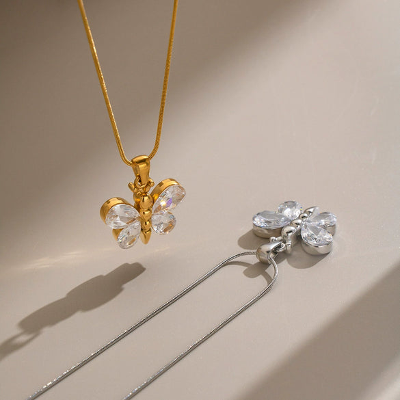 Women's Butterfly Pendant Necklace With Zircon Stainless Steel Chain Pvd Gold Plating And Lobster Clasp