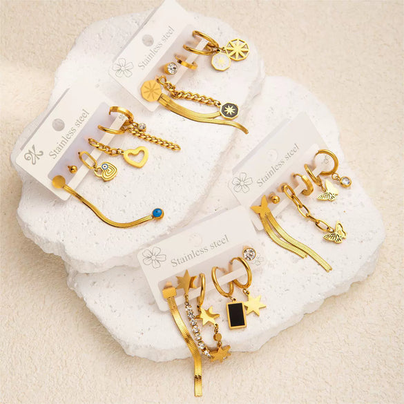 Women's Butterfly Star Flower Geometric Titanium Steel Earrings Set With Electroplating Simple Fashionable Non Fading