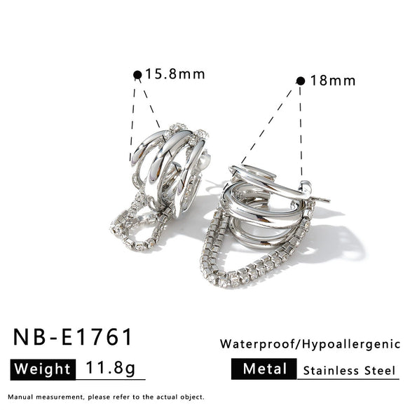 Women's C Shaped Geometric Stainless Steel Rhinestone Chain Earrings With 18K Gold Vacuum Plating Simple Light Luxury Style