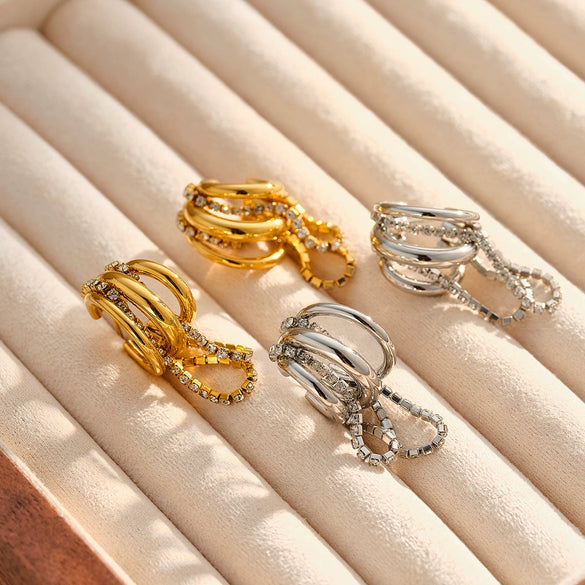Women's C Shaped Geometric Stainless Steel Rhinestone Chain Earrings With 18K Gold Vacuum Plating Simple Light Luxury Style
