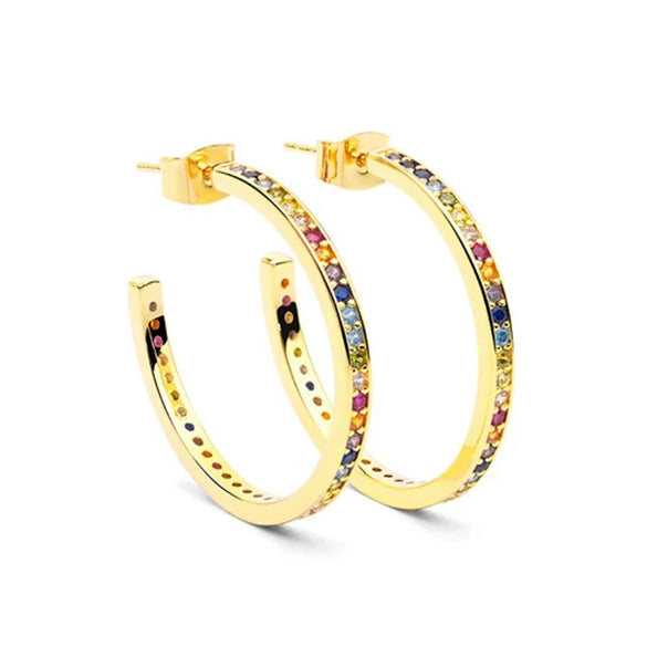 Women's C Shaped Hoop Earrings With Silver Needle And Copper Micro Pave Colorful Zircon Geometric Simple Stylish Large Circle Earrings