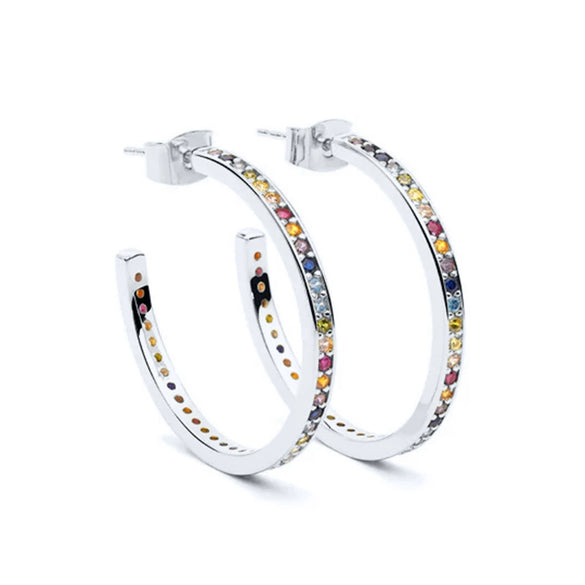 Women's C Shaped Hoop Earrings With Silver Needle And Copper Micro Pave Colorful Zircon Geometric Simple Stylish Large Circle Earrings