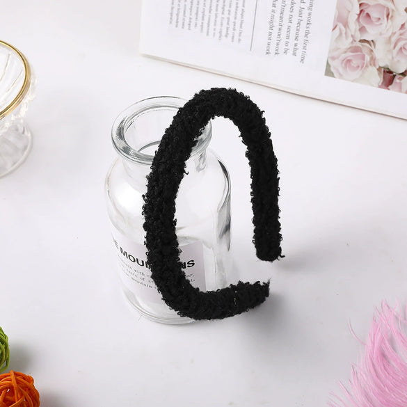 Women's Candy Color Plaid Cloth Headband With Teddy Curly Lamb Hair Texture Handwoven Hair Accessory