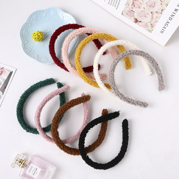 Women's Candy Color Plaid Cloth Headband With Teddy Curly Lamb Hair Texture Handwoven Hair Accessory
