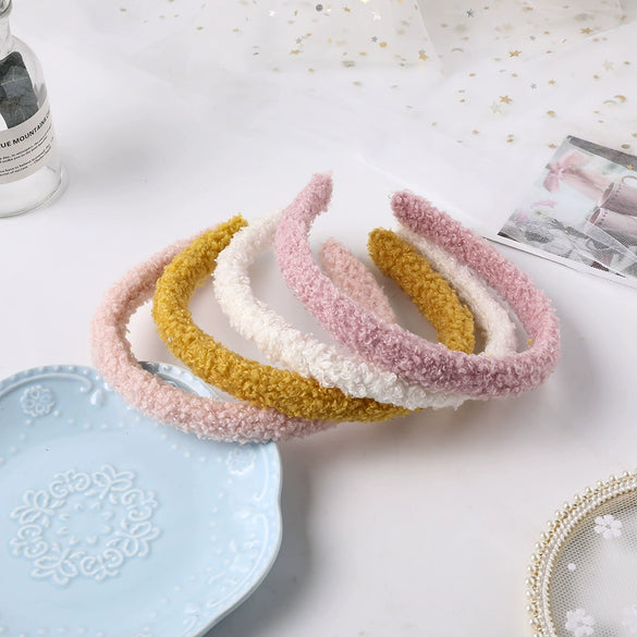 Women's Candy Color Plaid Cloth Headband With Teddy Curly Lamb Hair Texture Handwoven Hair Accessory