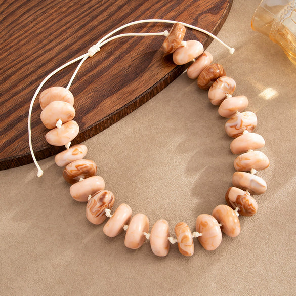 Women's Candycolored Irregular Gradient Acrylic Beaded Necklace With Handmade Geometric Design And Adjustable Waxed Rope Drawstring Chain