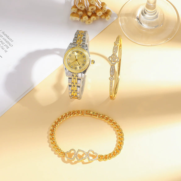 Women's Casual Alloy And Stainless Steel Round And Rectangular Quartz Watch With Fourleaf Clover Design And Diamond Bracelet