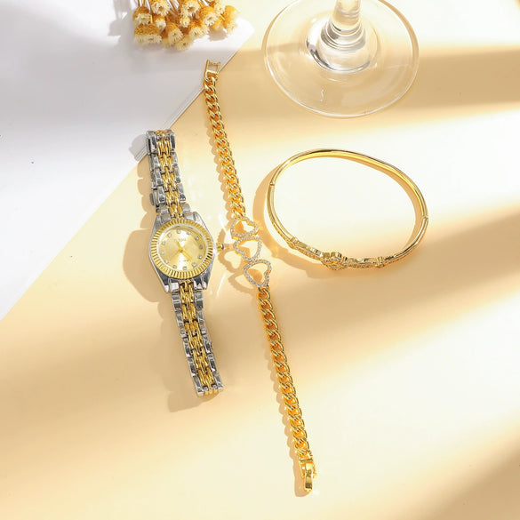 Women's Casual Alloy And Stainless Steel Round And Rectangular Quartz Watch With Fourleaf Clover Design And Diamond Bracelet