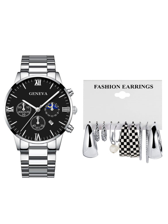 Women's Casual Alloy Band Heart Shape Dial Watch Earrings Jewelry Set