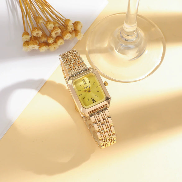 Women's Casual Alloy Band Rectangular Quartz Wrist Watch With Rhinestones