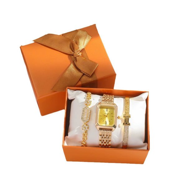 Women's Casual Alloy Band Rectangular Quartz Wrist Watch With Rhinestones