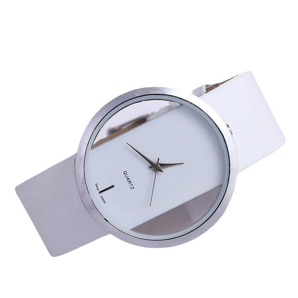 Women's Casual Alloy Case Imitation Leather Strap Round Dial Quartz Watch With Transparent Bottom