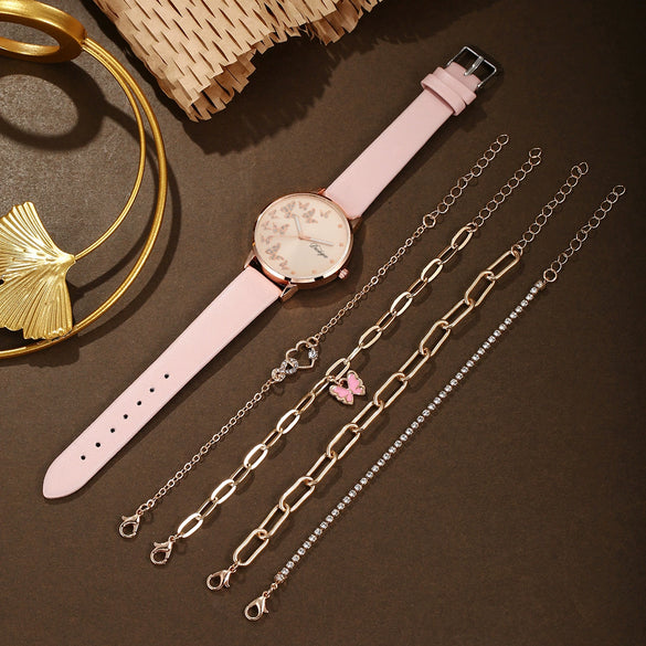 Women's Casual Alloy Case Imitation Leather Strap Round Dial Quartz Wrist Watch With Butterfly Design