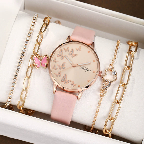 Women's Casual Alloy Case Imitation Leather Strap Round Dial Quartz Wrist Watch With Butterfly Design