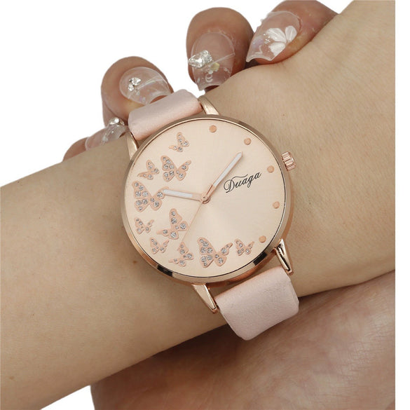 Women's Casual Alloy Case Imitation Leather Strap Round Dial Quartz Wrist Watch With Butterfly Design