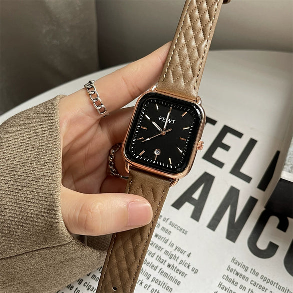 Women's Casual Alloy Case Imitation Leather Strap Square Dial Quartz Watch With Threedimensional Pattern