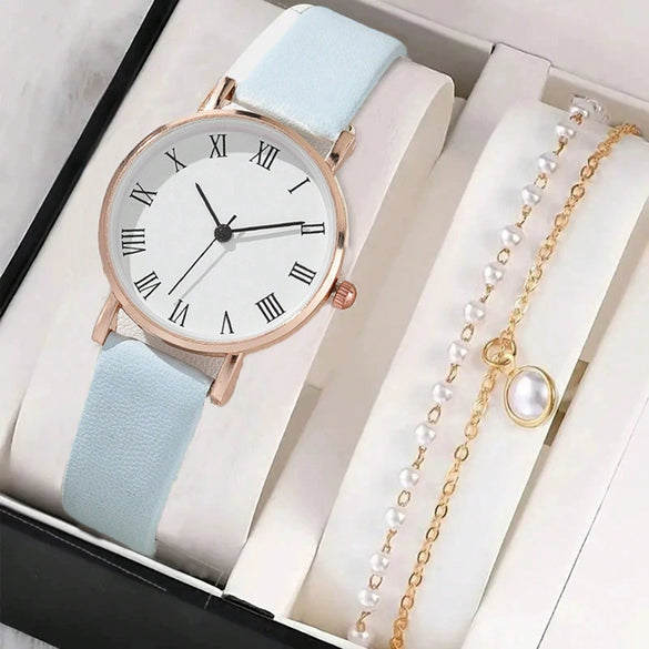 Women's Casual Alloy Case Imitation Leather Strap Stainless Steel Buckle Round Dial Quartz Watch
