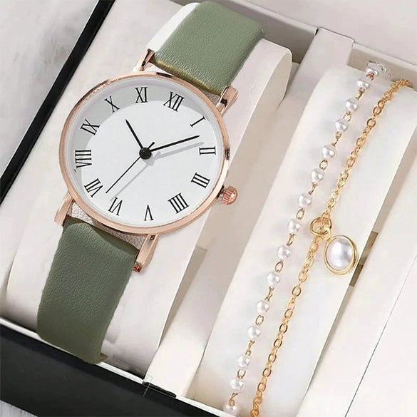 Women's Casual Alloy Case Imitation Leather Strap Stainless Steel Buckle Round Dial Quartz Watch