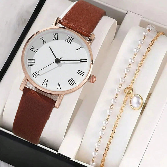 Women's Casual Alloy Case Imitation Leather Strap Stainless Steel Buckle Round Dial Quartz Watch