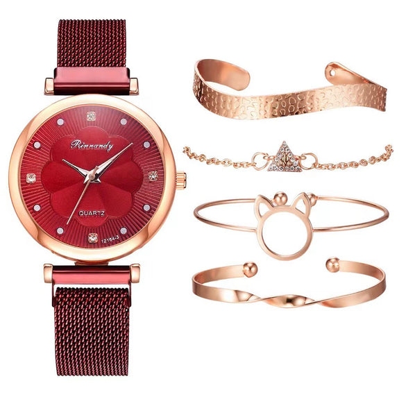 Women's Casual Alloy Case Quartz Watch Fivepiece Set With Magnet Strap And Diamond Flower Design